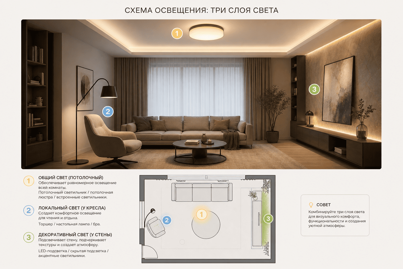 схема освещения в гостиной