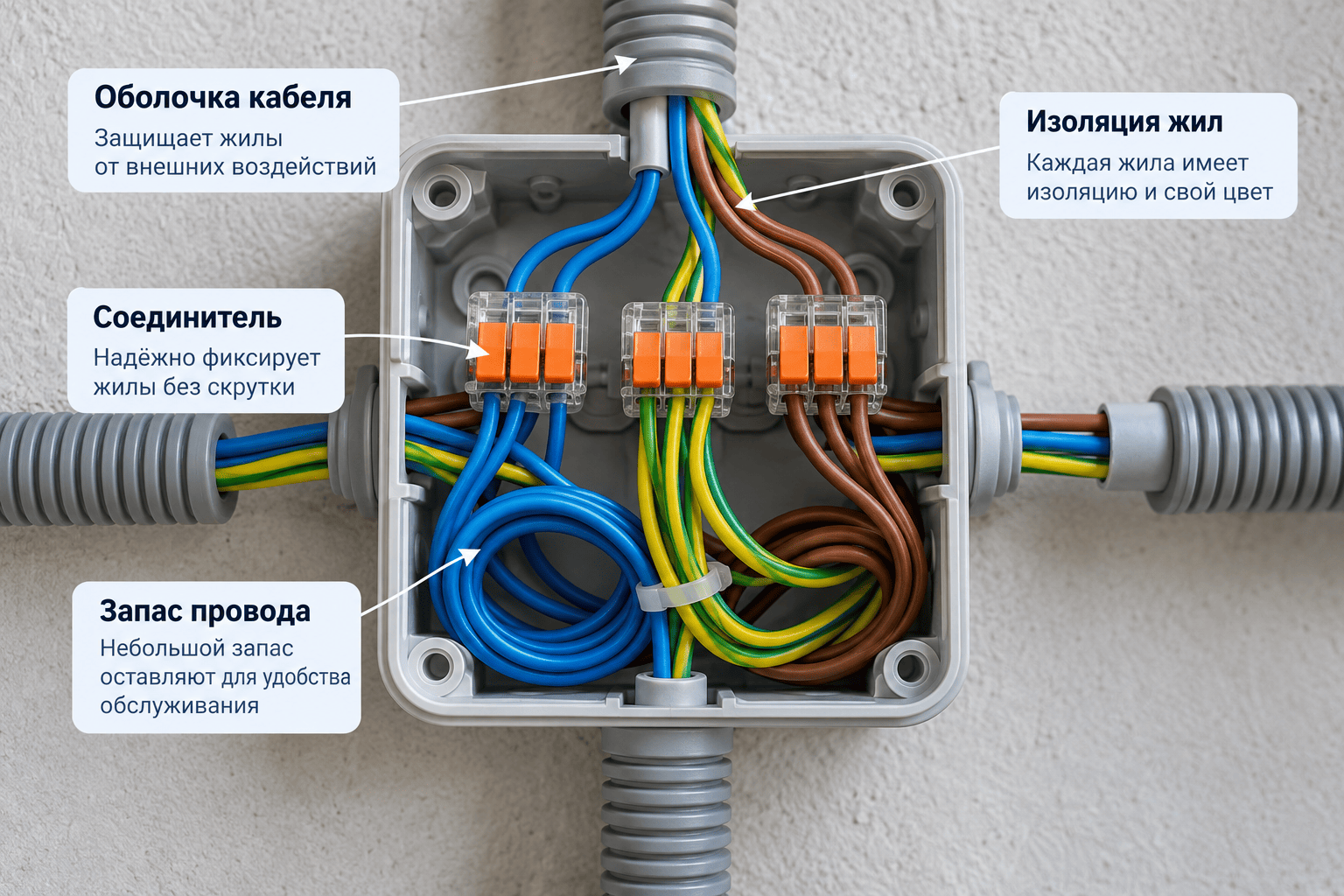 монтажная коробка с маркировкой проводов