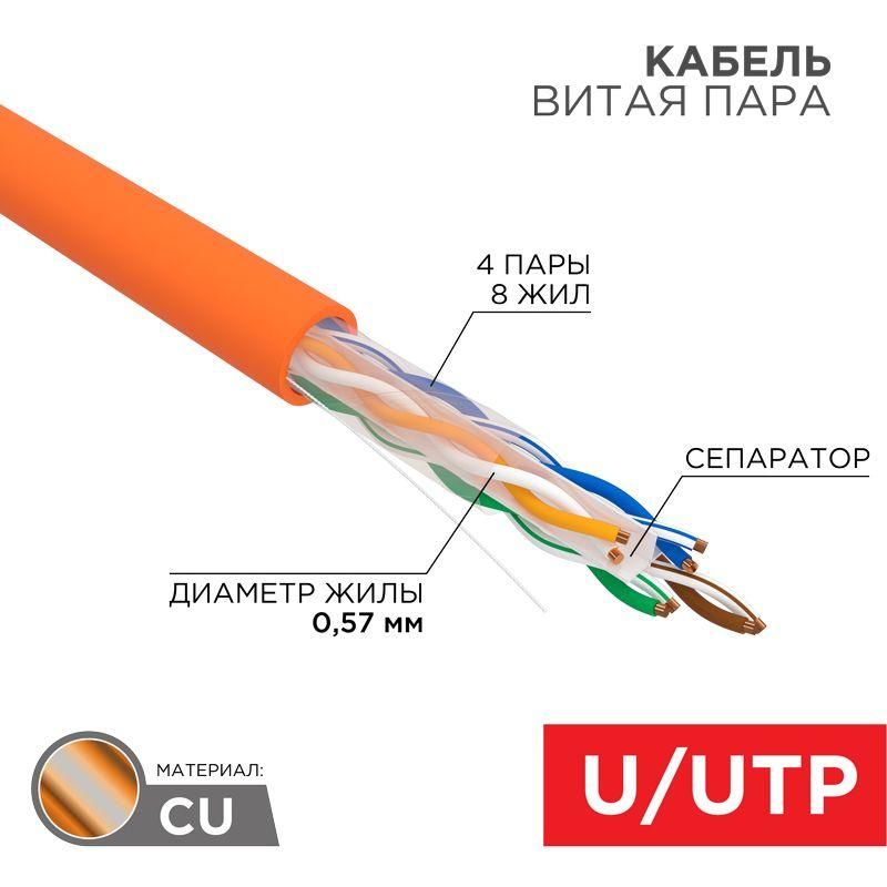 кабель витая пара u/utp кат.6 4х2х23awg нг(а)-hf медь оранж. (305м) (м) rexant 01-0050 от магазина Штепсель и батарейка.