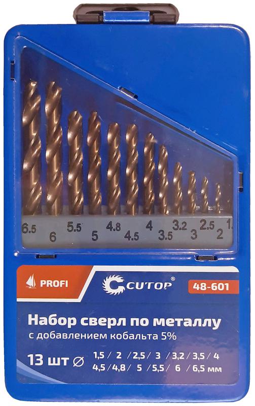 набор сверл по металлу profi 1.5-6.5мм (через 0.5мм + 32мм; 48мм) с кобальтом 5проц. в метал. коробке (13шт) cutop 48-601 от магазина Штепсель и батарейка.