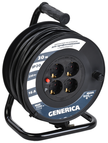 удлинитель на катушке 4х30м 16а ip20 ук30 2p+pe 3х1.5 термозащита generica wkp20-16-04-30-g от магазина Штепсель и батарейка.