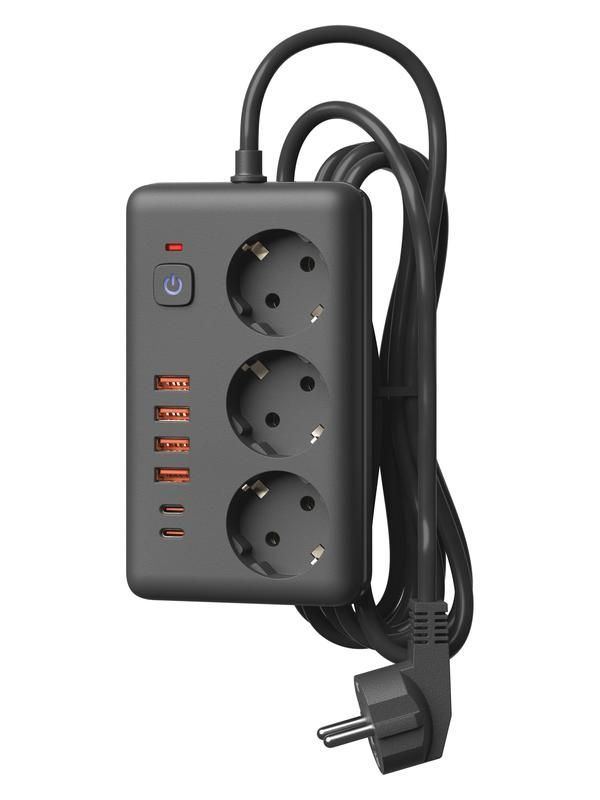 удлинитель с сетевым фильтром 3х3м 10а 4usb + 2usbc 2500вт пвс 3х1 прямоуг. черн. космос fksm3m-3gpf(b)usb от магазина Штепсель и батарейка.