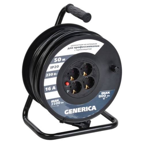 удлинитель на катушке 4х50м 16а ip20 ук50 2p+pe 3х1.5 термозащита generica wkp20-16-04-50-g от магазина Штепсель и батарейка.