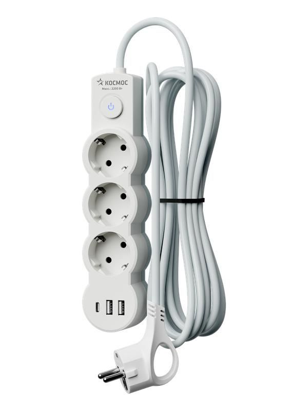 удлинитель 3х3м с заземл. 10а ip20 usb 2800вт 220в пвс 3х1 с выкл. бел. космос yksm3m3g-z-vu10а-w от магазина Штепсель и батарейка.