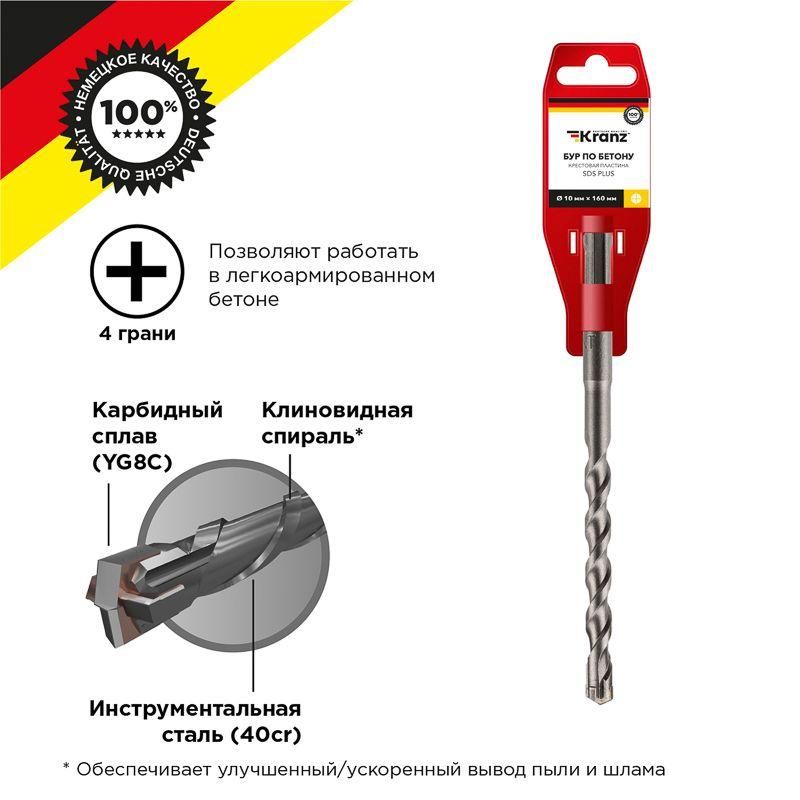 бур по бетону 10х160мм крестовая пластина sds plus kranz kr-91-0809 от магазина Штепсель и батарейка.