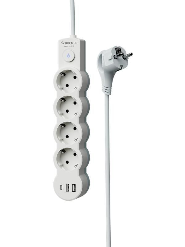 удлинитель 3х5м с заземл. 10а ip20 usb 2500вт 220в пвс 3х1 с выкл. бел. космос yksm5m4g-z-vu10а-w от магазина Штепсель и батарейка.
