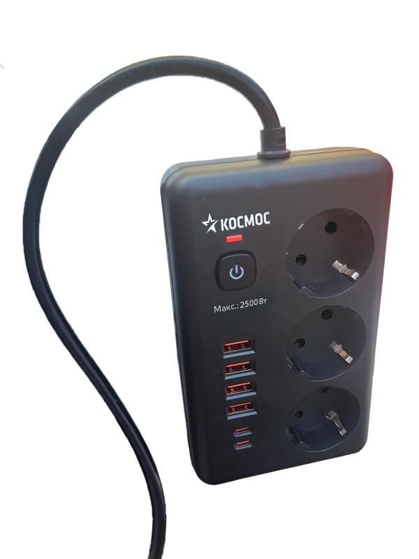 удлинитель с сетевым фильтром 3х1.5м 10а 4usb + 2usbc 2500вт пвс 3х1 прямоуг. черн. космос fksm1.5m-3gpf(b)usb от магазина Штепсель и батарейка.