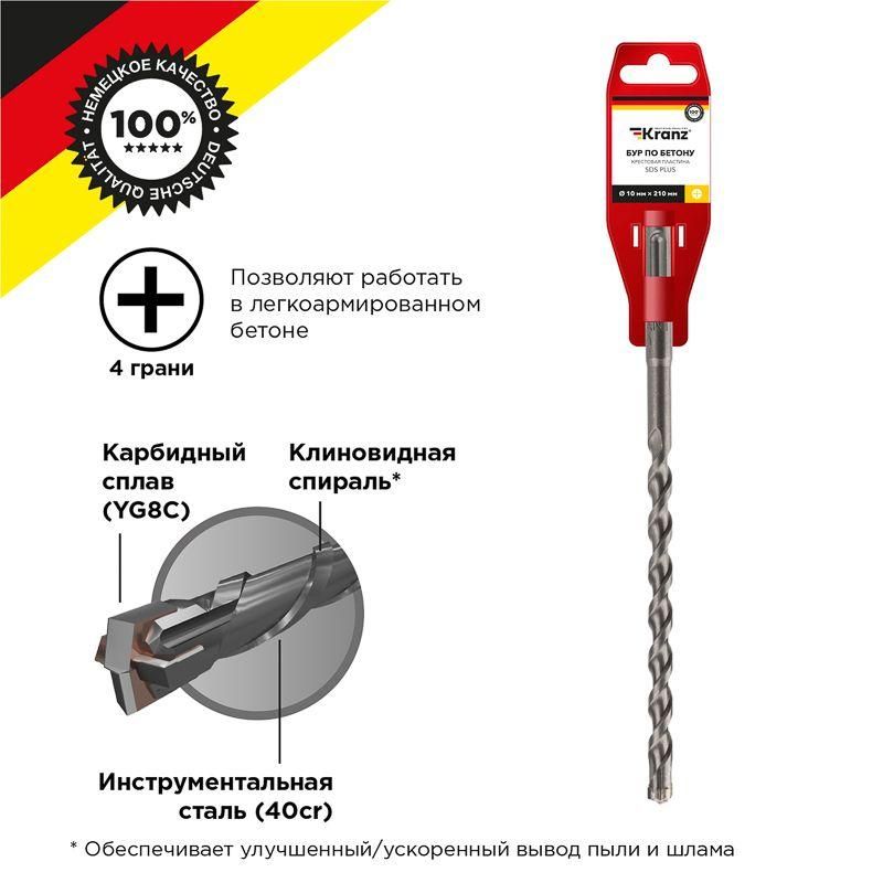 бур по бетону 10х210мм крестовая пластина sds plus kranz kr-91-0810 от магазина Штепсель и батарейка.