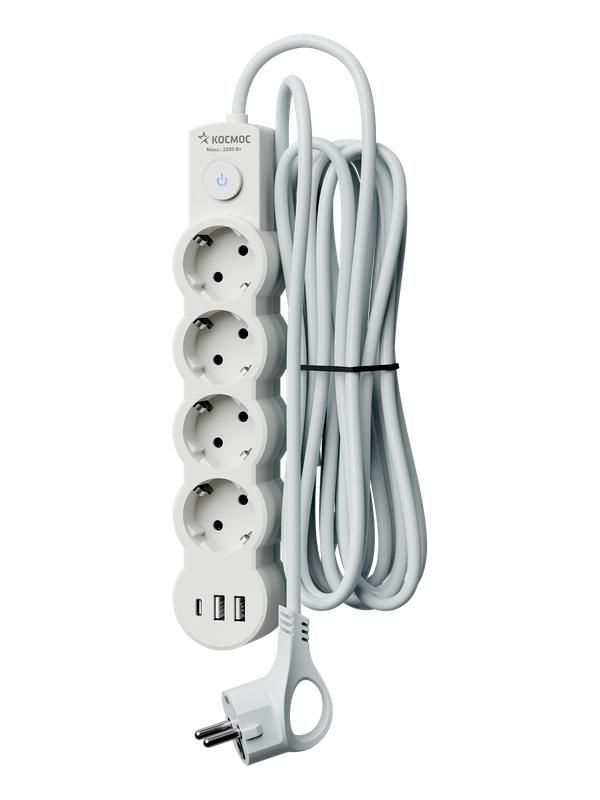 удлинитель 3х1.5м с заземл. 10а ip20 usb 2500вт 220в пвс 3х1 с выкл. бел. космос yksm1.5m4g-z-vu10а-w от магазина Штепсель и батарейка.