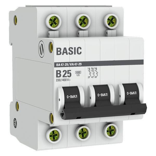 выключатель автоматический модульный 3п b 25а 4.5ка ва 47-29 basic ekf mcb4729-3-25-b от магазина Штепсель и батарейка.