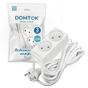 удлинитель 2х3м без заземл. 10а ip20 2.2квт пвс 2х1 бел. domtok 2346 от магазина Штепсель и батарейка. - фото_2