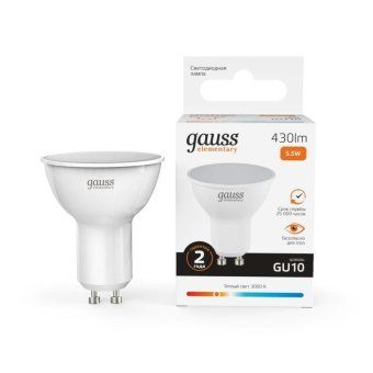лампа светодиодная elementary 5.5вт mr16 софит 3000к тепл. бел. gu10 430лм gauss 13616 от магазина Штепсель и батарейка.
