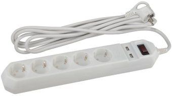 удлинитель с сетевым фильтром 5х1.5м с заземл. 10а ip20 2хusb пвс 3х0.75 с выкл. бел. эра б0019037 от магазина Штепсель и батарейка.