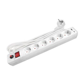 удлинитель с сетевым фильтром 6х5м с заземл. 10а ip20 2.2квт usb type-a + type-c пвс 3х0.75 с выкл. бел. universal 2545 от магазина Штепсель и батарейка.