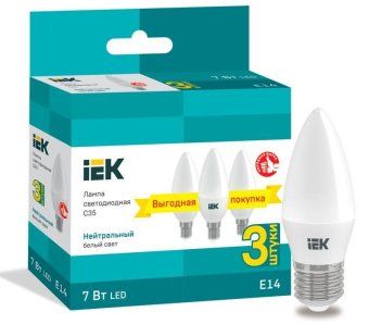 лампа светодиодная 7вт c35 свеча 4000к нейтр. бел. e14 230в (уп.3шт) iek lle-c35-07-230-40-e14-3 от магазина Штепсель и батарейка.