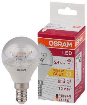 лампа светодиодная led star classic p 40 5.4w/830 5.4вт шар прозрачная 3000к тепл. бел. e14 470лм 220-240в пластик. osram 4052899971622 от магазина Штепсель и батарейка. - фото_2