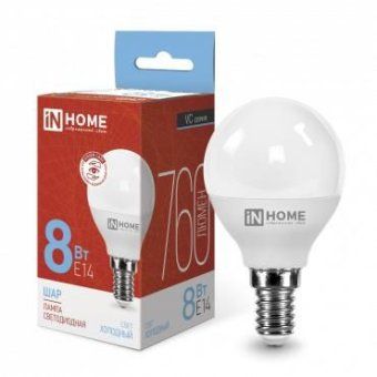 лампа светодиодная led-шар-vc 8вт шар 6500к холод. бел. e14 760лм 230в in home 4690612024882 от магазина Штепсель и батарейка.