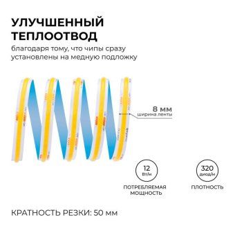 лента светодиодная 24в 12вт/м cob 320диод/м ip20 1000лм/м cri90+ дневной бел. 4000к (уп.5м) apeyron 00-382 от магазина Штепсель и батарейка. - фото_9