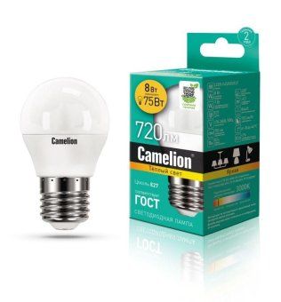лампа светодиодная led8-g45/830/e27 8вт шар 3000к тепл. бел. e27 720лм 170-265в camelion 12392 от магазина Штепсель и батарейка.