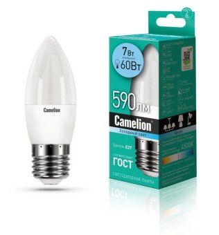 лампа светодиодная led7-c35/845/e27 7вт свеча 4500к бел. e27 560лм 220в camelion 12078 от магазина Штепсель и батарейка.