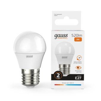 лампа светодиодная elementary 8вт p45 шар 3000к тепл. бел. e27 520лм gauss 53218 от магазина Штепсель и батарейка. - фото_2