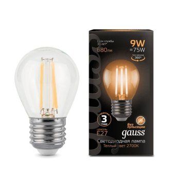 лампа светодиодная филаментная black filament 9вт p45 шар 2700к тепл. бел. e27 680лм gauss 105802109 от магазина Штепсель и батарейка. - фото_2