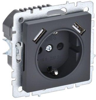 розетка brite рюш10-1-брг 16а с usb a+a 2.1а с заземл. защ. шторки механизм графит iek br-r14-16-u21-d21-k53 от магазина Штепсель и батарейка.
