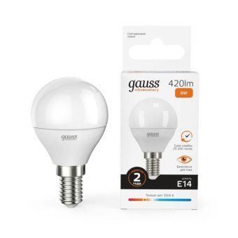 лампа светодиодная elementary 6вт p45 шар 3000к тепл. бел. e14 420лм gauss 53116 от магазина Штепсель и батарейка.