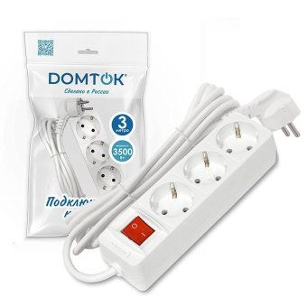 удлинитель 3х3м с заземл. 16а ip20 3.5квт пвс 3х1 с выкл. бел. domtok 2381 от магазина Штепсель и батарейка. - фото_2