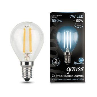 лампа светодиодная филаментная black filament 7вт p45 шар 4100к нейтр. бел. e14 580лм gauss 105801207 от магазина Штепсель и батарейка.