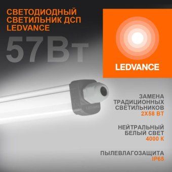светильник светодиодный eco class damp proof slim 57вт 4000к ip65 6000лм 1.5м дсп промышленный накладной/подвесной сер. (аналог лсп) ledvance 4058075169142 от магазина Штепсель и батарейка.