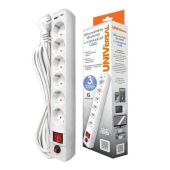 удлинитель с сетевым фильтром 6х3м с заземл. 10а ip20 2.2квт usb type-a + type-c пвс 3х0.75 с выкл. бел. universal 2544 от магазина Штепсель и батарейка. - фото_2