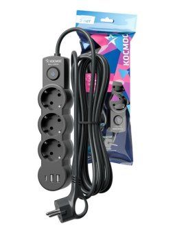удлинитель 3х3м с заземл. 10а ip20 usb 2800вт 220в пвс 3х1 с выкл. черн. космос yksm3m3g-z-vu10а-b от магазина Штепсель и батарейка.