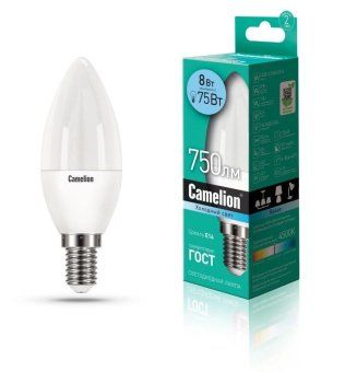 лампа светодиодная led8-c35/845/e14 8вт свеча 4500к бел. e14 750лм 170-265в camelion 12386 от магазина Штепсель и батарейка.