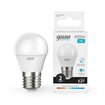 лампа светодиодная elementary 6вт p45 шар 4100к нейтр. бел. e27 450лм gauss 53226 от магазина Штепсель и батарейка.