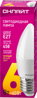 лампа светодиодная 71 630 oll-c37-6-230-2.7k-e27-fr 6вт свеча 2700к тепл. бел. e27 450лм 220-240в онлайт 71630 от магазина Штепсель и батарейка. - фото_2