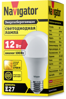лампа светодиодная 71 296 nll-a60-12-230-2.7k-e27 (standard) 12вт грушевидная 2700к тепл. бел. e27 900лм 176-264в navigator 71296 от магазина Штепсель и батарейка. - фото_2