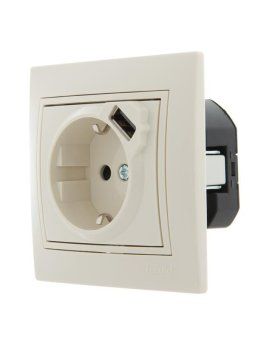 розетка 1-м сп mira 16а с заземл. + usb разъем крем. lezard 701-0303-181 от магазина Штепсель и батарейка. - фото_3
