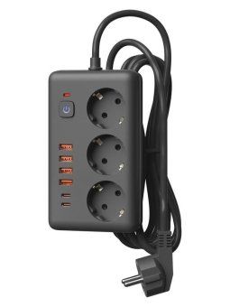 удлинитель с сетевым фильтром 3х5м 10а 4usb + 2usbc 2500вт пвс 3х1 прямоуг. черн. космос fksmpr-5m-3g(b)usb от магазина Штепсель и батарейка.