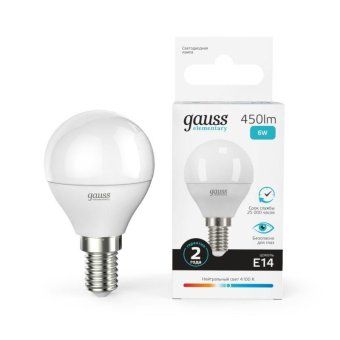 лампа светодиодная elementary 6вт p45 шар 4100к нейтр. бел. e14 450лм gauss 53126 от магазина Штепсель и батарейка.