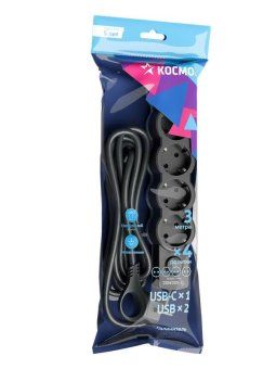 удлинитель 3х3м с заземл. 10а ip20 usb 2500вт 220в пвс 3х1 с выкл. черн. космос yksm3m4g-z-vu10а-b от магазина Штепсель и батарейка. - фото_2