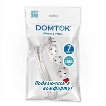 удлинитель 3х7м с заземл. 16а ip20 3.5квт пвс 3х1 с выкл. бел. domtok 2383 от магазина Штепсель и батарейка.