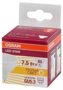лампа светодиодная led star mr16 7.5w/830 (замена 75вт) 7.5вт пласт. 3000к тепл. бел. gu5.3 700лм 110 град. 220-240в osram 4058075229068 от магазина Штепсель и батарейка. - фото_2