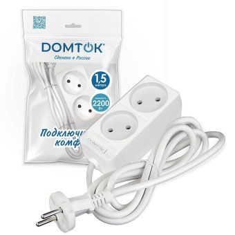 удлинитель 2х1.5м без заземл. 10а ip20 2.2квт пвс 2х1 бел. domtok 2344 от магазина Штепсель и батарейка. - фото_2