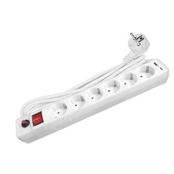 удлинитель с сетевым фильтром 6х3м с заземл. 10а ip20 2.2квт usb type-a + type-c пвс 3х0.75 с выкл. бел. universal 2544 от магазина Штепсель и батарейка.
