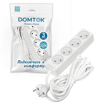 удлинитель 4х3м без заземл. 10а ip20 2.2квт пвс 2х1 бел. domtok 2356 от магазина Штепсель и батарейка. - фото_2