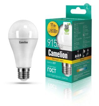 лампа светодиодная led11-a60/830/e27 11вт грушевидная матовая 3000к тепл. бел. e27 915лм 170-265в camelion 12035 от магазина Штепсель и батарейка.