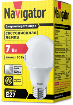 лампа светодиодная 94 386 nll-a60-7-230-4k-e27 7вт грушевидная 4000к нейтр. бел. e27 560лм 176-264в navigator 94386 от магазина Штепсель и батарейка.