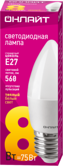 лампа светодиодная 71 634 oll-c37-8-230-2.7k-e27-fr 8вт свеча 2700к тепл. бел. e27 560лм 176-264в онлайт 71634 от магазина Штепсель и батарейка. - фото_2