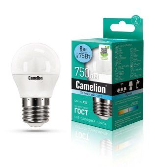 лампа светодиодная led8-g45/845/e27 8вт шар 4500к бел. e27 750лм 170-265в camelion 12394 от магазина Штепсель и батарейка.